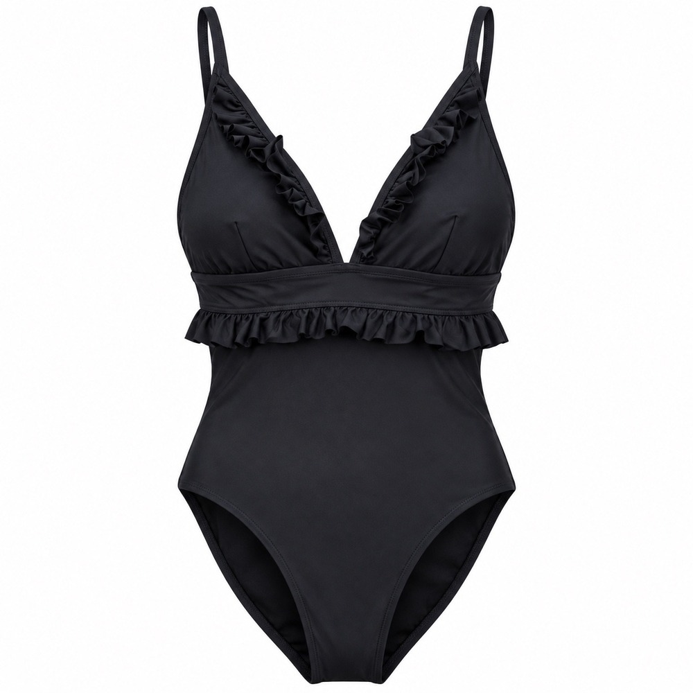 J.Crew Black Ruffle V-Neck One-Piece Swimsuit classic resort beach swimwear pool